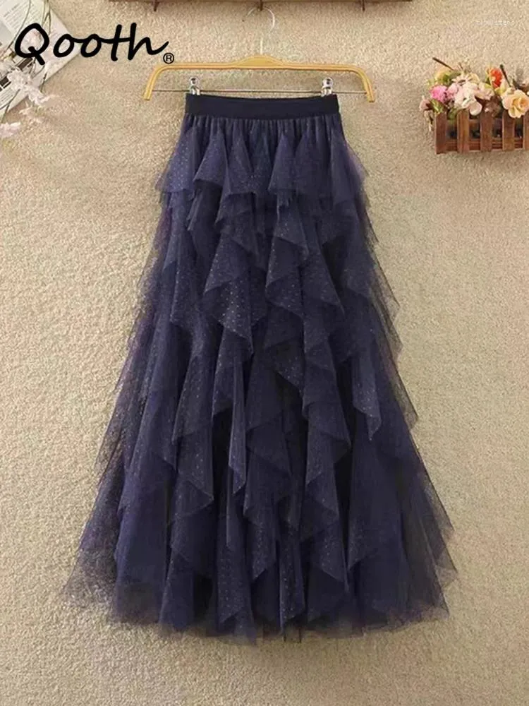 Skirts Qooth Women Polka Dot Tulle Cake Mesh Skirt Elegant Elastic Waist Fairy Long A-line Tutu For All Season QT2215