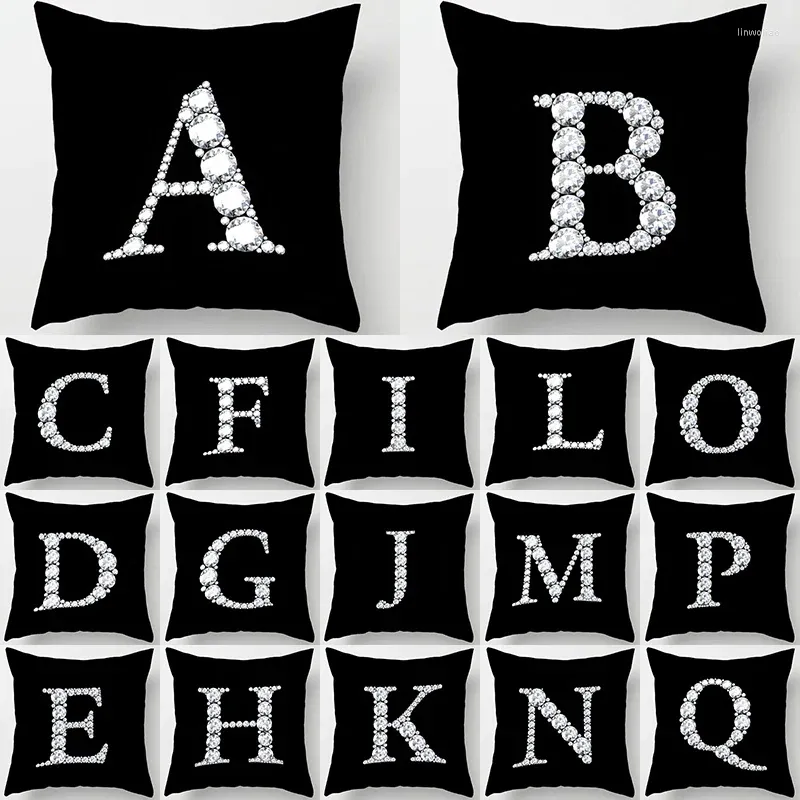 Kudde 45x45cm Crystal Diamonds Letter Tryckt 26 bokstäver Engelska Alfabetet Cover Polyester Decoration SOFA Kudde