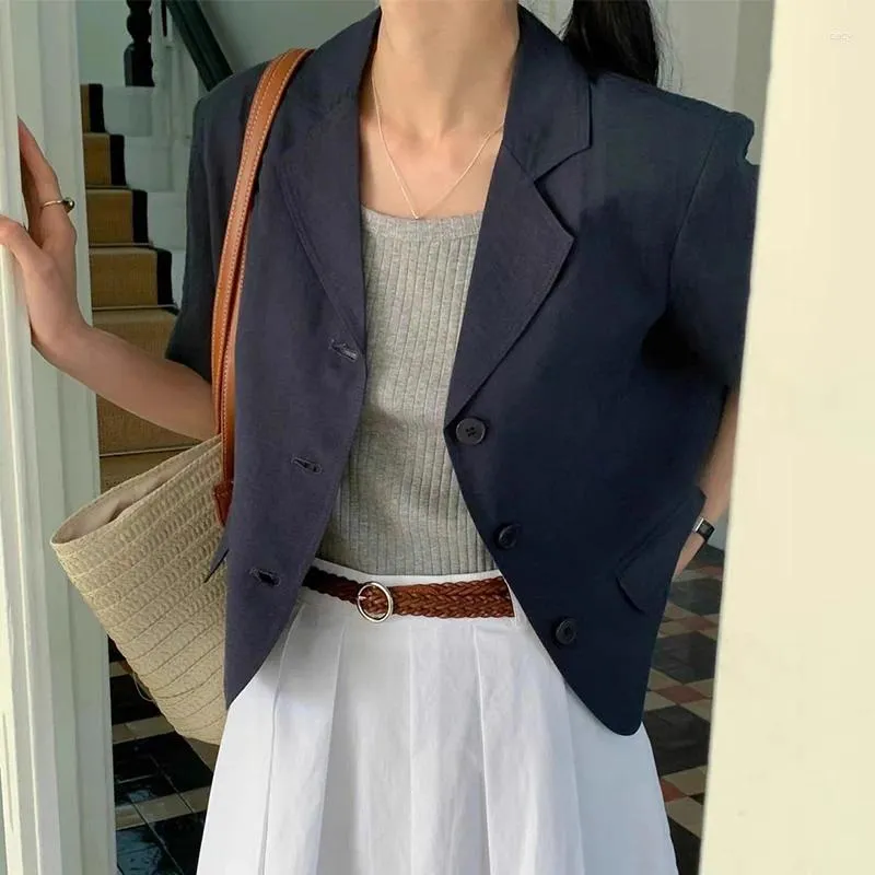 Kvinnorjackor Vintage Suit Collar Single-Breasted Loose Coats 2024 Summer All-Match kortärmad solid toppar Koreran Chic Jacket Woman