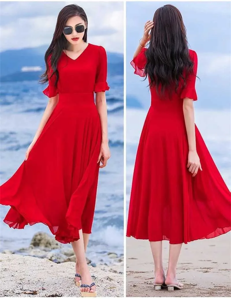 Bohen Wen Women's Chiffon Sundress - Long Solid Color