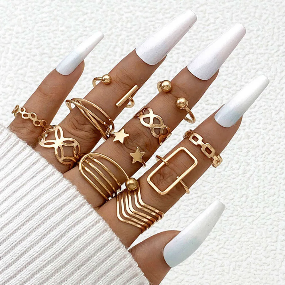 Ring New Leaf Love Geometric Hollow Moon Eyes Piece Set with Versatile Rings