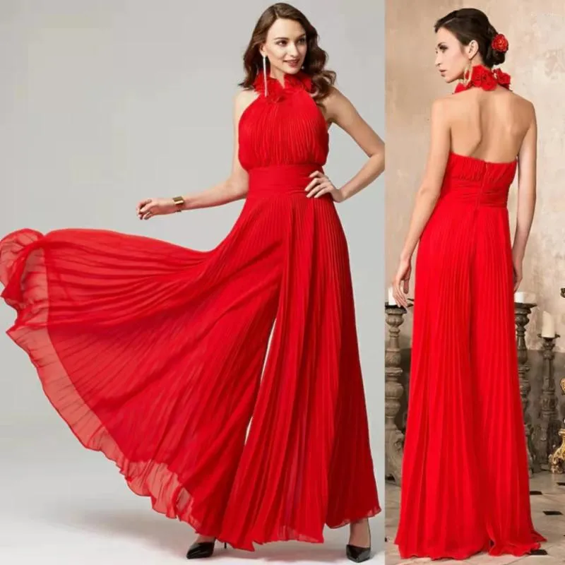 Party Dresses Elegant Long Chiffon Red Jumpsuit Evening With Pleats A-Line High Neck Open Back Formal For Women