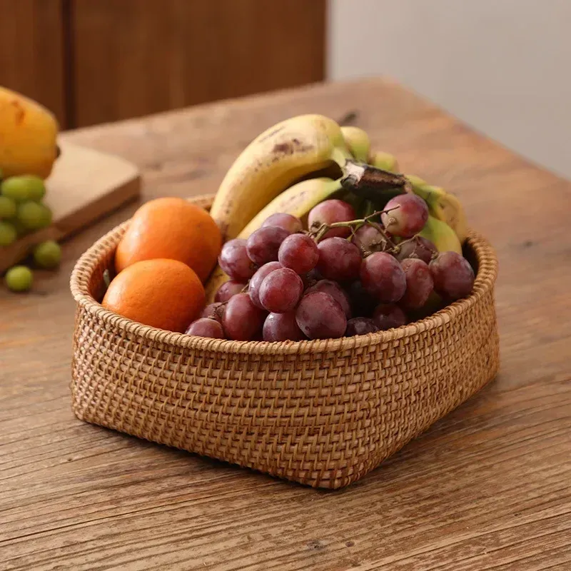 Manden draagbare rattan geweven mand fruit opslag snoep snack vierkante bodembak geweven plantenmanden voor het organiseren van plantenvezel nieuw