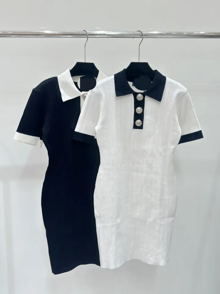 416 XL 2024 Milan Runway Dress Spring Summer Short Sleeve Lapel Neck Kjol Kvinnklänning Fashion Högkvalitativ Shun