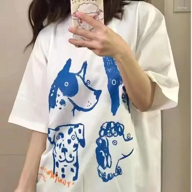 Camisetas para mujeres Harajuku Pintura Funny Paint Dogs Gráfico de algodón blanco de gran tamaño Camiseta Kawaii adolescentes parejas de dibujos animados de manga corta de verano