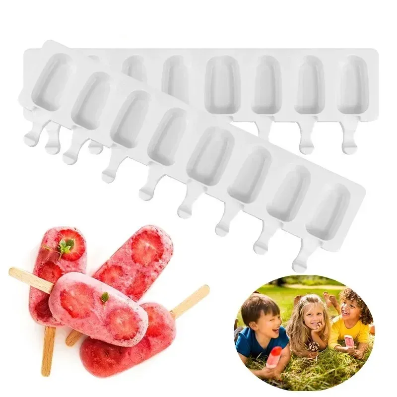 8/4/3 Hole Silicone Ice Cream Ice Cream Mold, Silicone Ice Pop Mold Popsicle Molds,Wooden Sticks, Classic Oval,Non Stick