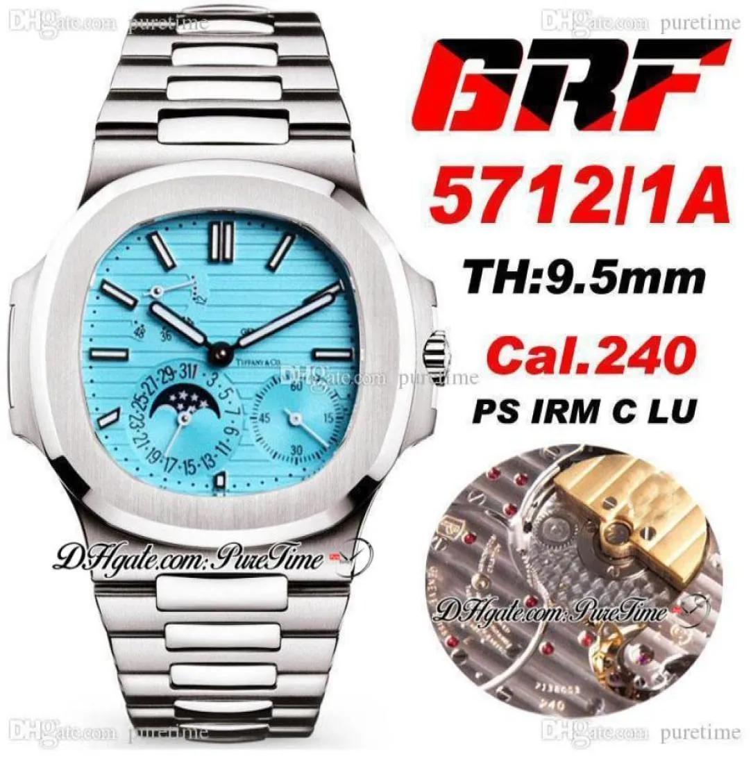 GRF Moon Fas Datum 57121A PP240 Automatisk herrar Titta på 40mm Limited Edition 9 Blue Texture Dial Rostfritt stål Armband SUP3532632