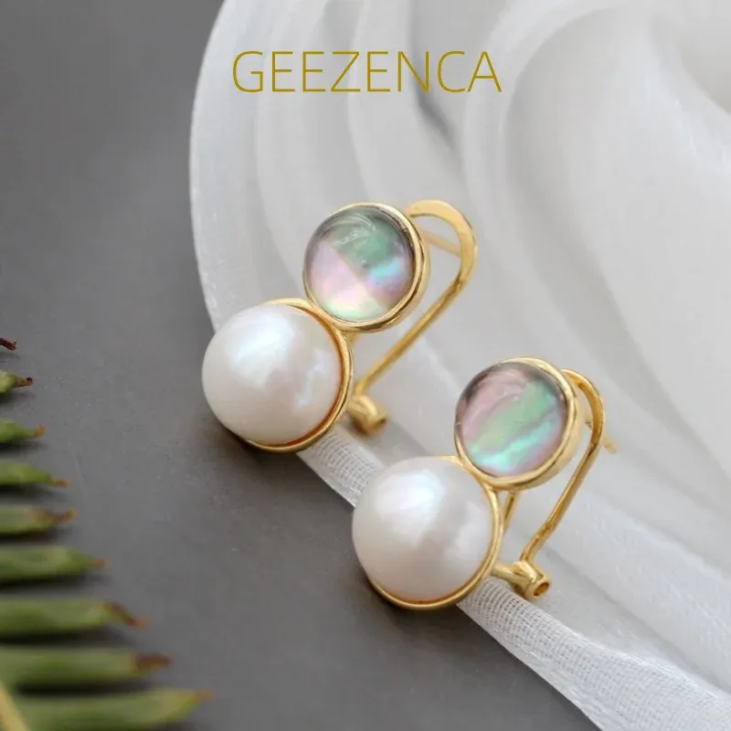 Oorbellen Geezenca 925 Sterling Silver Gold Gepated Natural Freshwater Pearl -oorbellen voor vrouwen Koreaanse stijl Fashion stud earring 2021 NIEUW