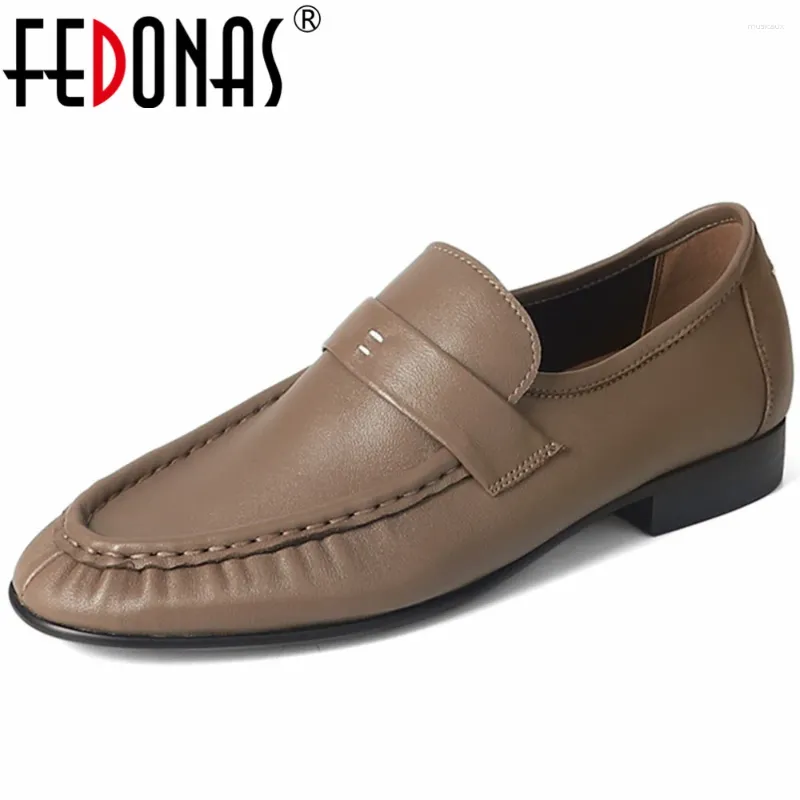 Casual Shoes FEDONAS Women Pumps Low Heels Genuine Leather Basic Round Toe Pleated Soft Comfortable Working Woman Spring Summer