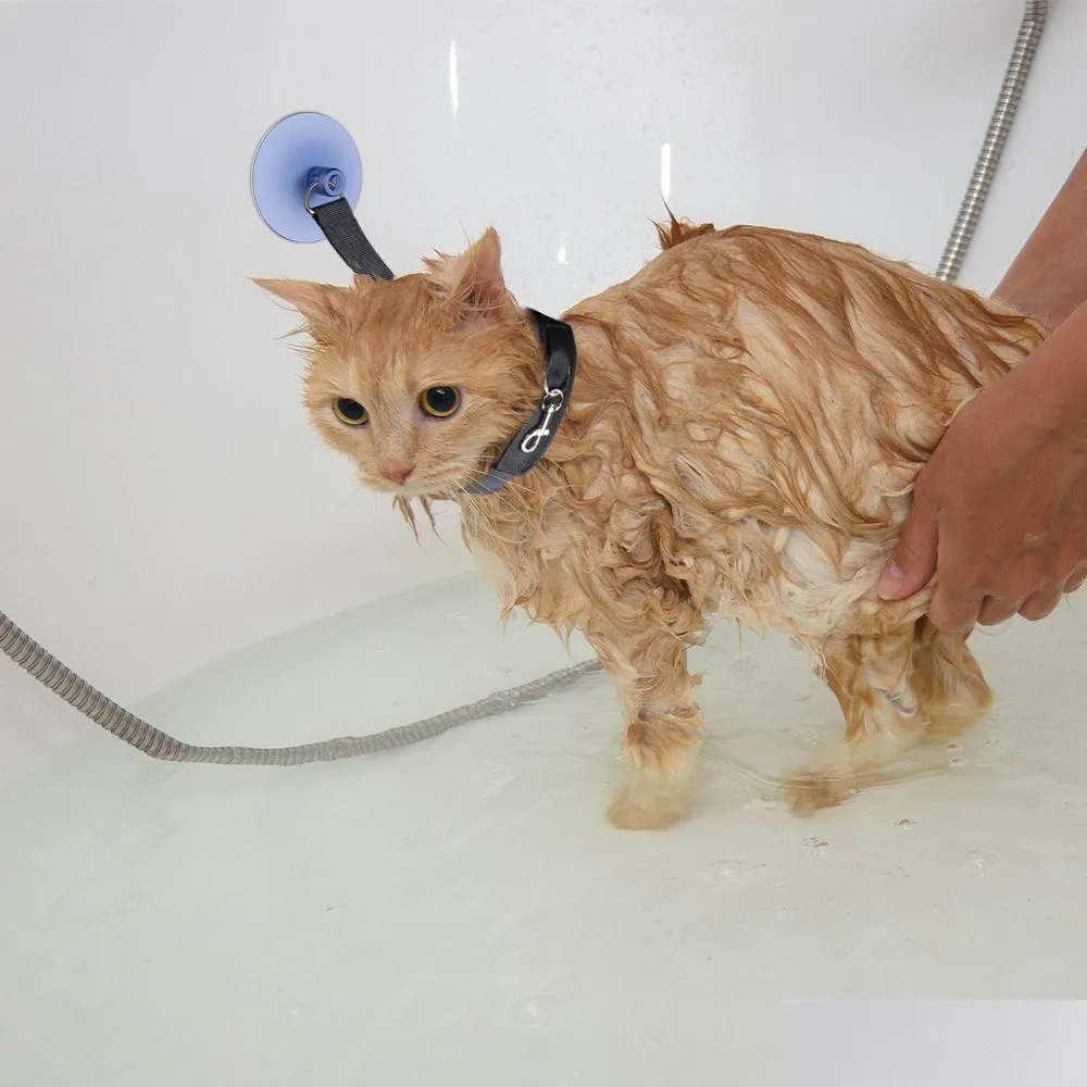 Katze Pflege Hundebad Tether Haustier Badeleine mit schwerer Saugnapfbecher Badewanne Weiches Nylon einstellbarer Kragen für Dusche und Drop DHPux