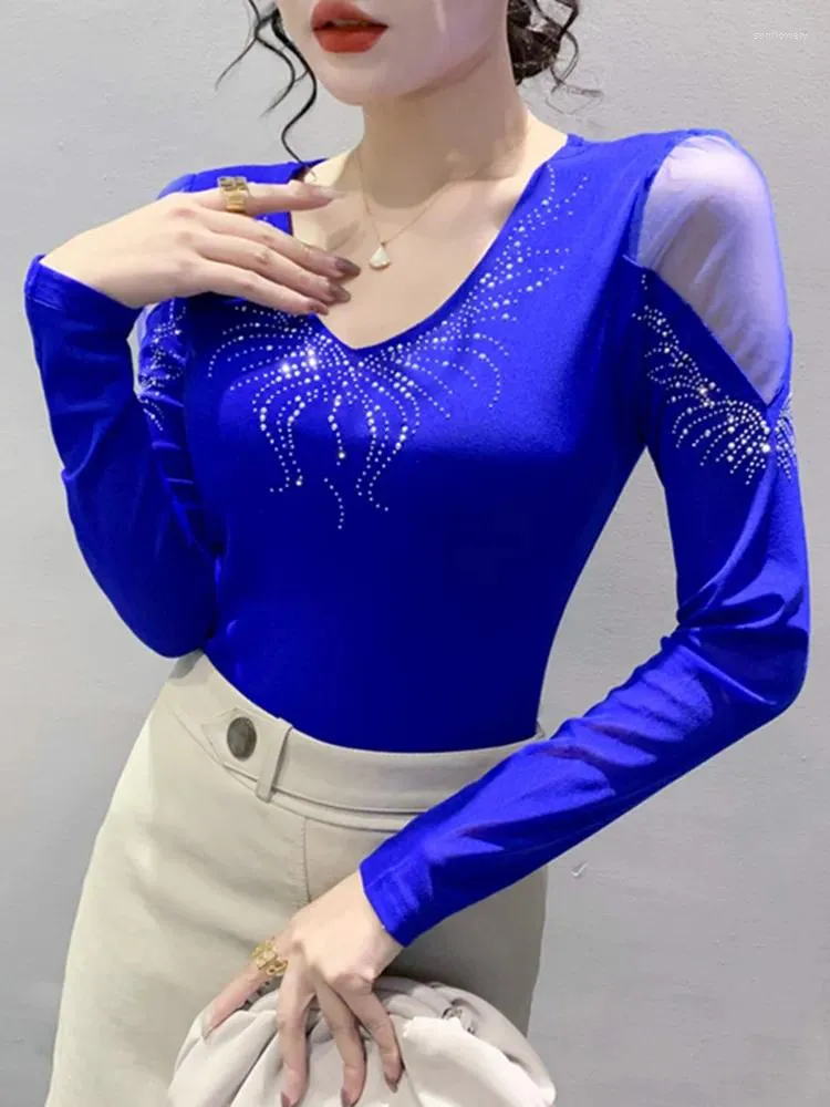 Kvinnors T -skjortor Real Pos Autumn Spring Mesh Shirt Women Dimamonds V Neck Full Sleeve Tops Female High Stretch Solid Color Tshirts
