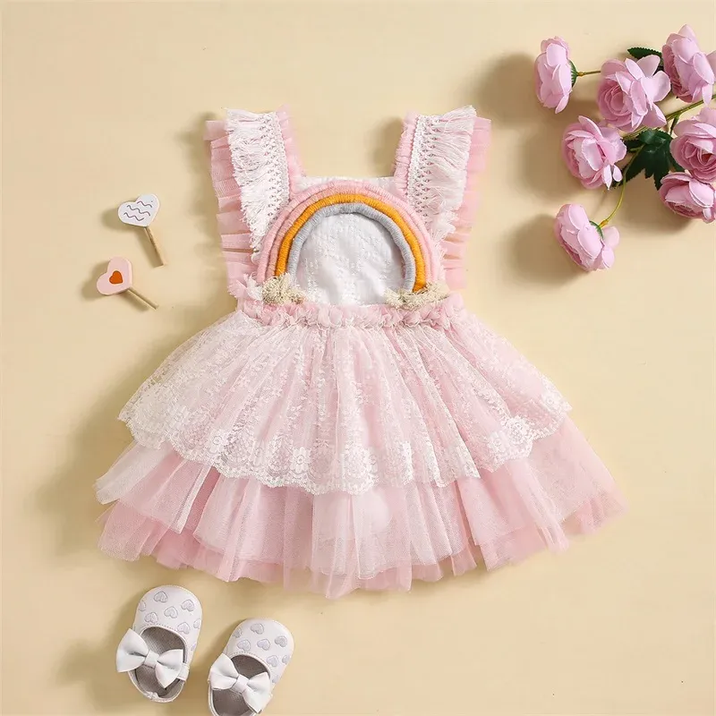 Vestido de garotas sem mangas de verão para meninas para crianças de festa de festa de festa de renda infantil Floral Rainbow