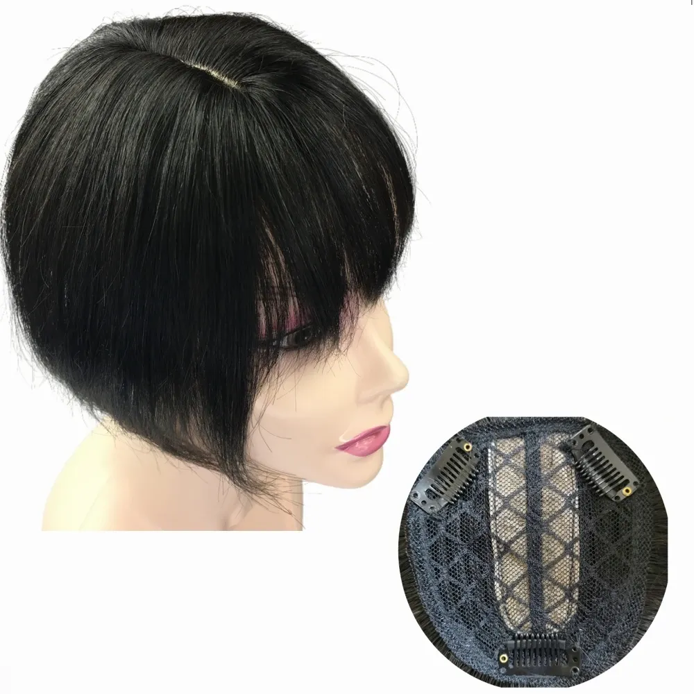 Toppers 10x11cm Invisible Human Hair Toppers For Women Clip In Toppers With 3D Air Bangs Fringe Middle Part PU Scalp Wiglets Hairpieces