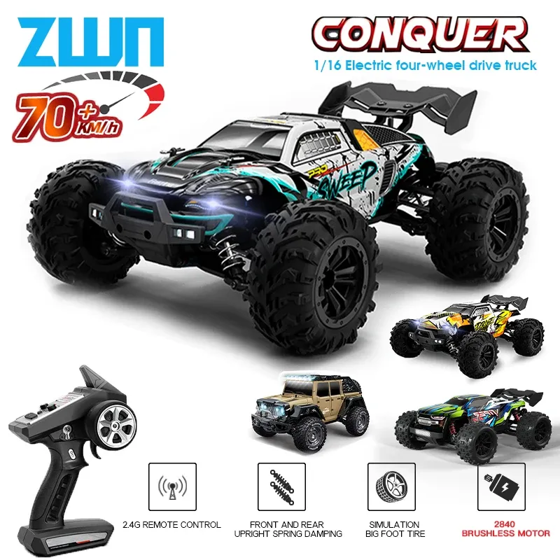 자동차 ZWN 1:16 70km/h 4WD RC 자동차 LED 헤드 라이트 리모컨 리모컨 자동차 어린이 대 WLTOYS 144010 장난감을위한 고속 드리프트 괴물 트럭