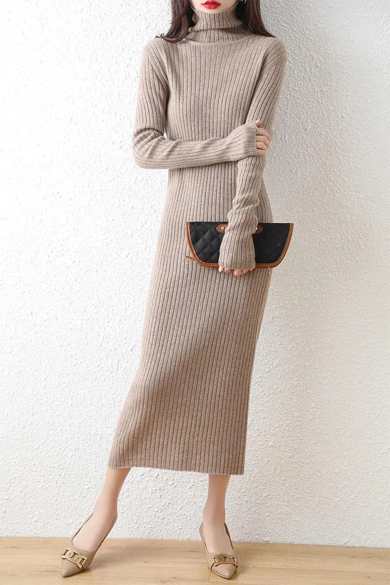 Casual Dresses Merino Wool Sweater 2024 Autumn and Winter Women's Long Turtleneck randig varm stickad över knäklänningen