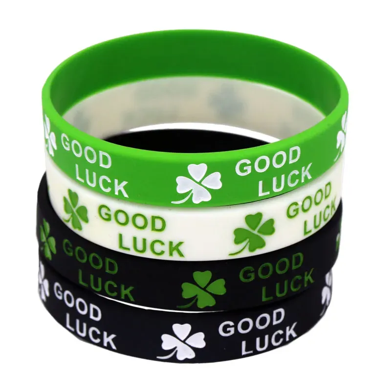 Bracelets 1PC New Fashion Clover Good Luck Silicone Wristband Black Green White Rubber Letters Bracelets&Bangles Women Men Adults SH167