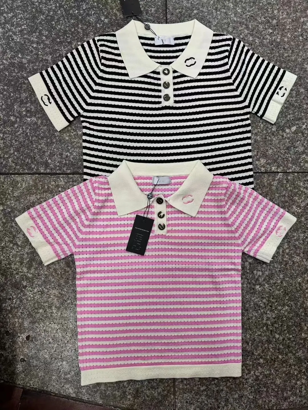 Female embroidered lapel striped logo knitted shirt SML