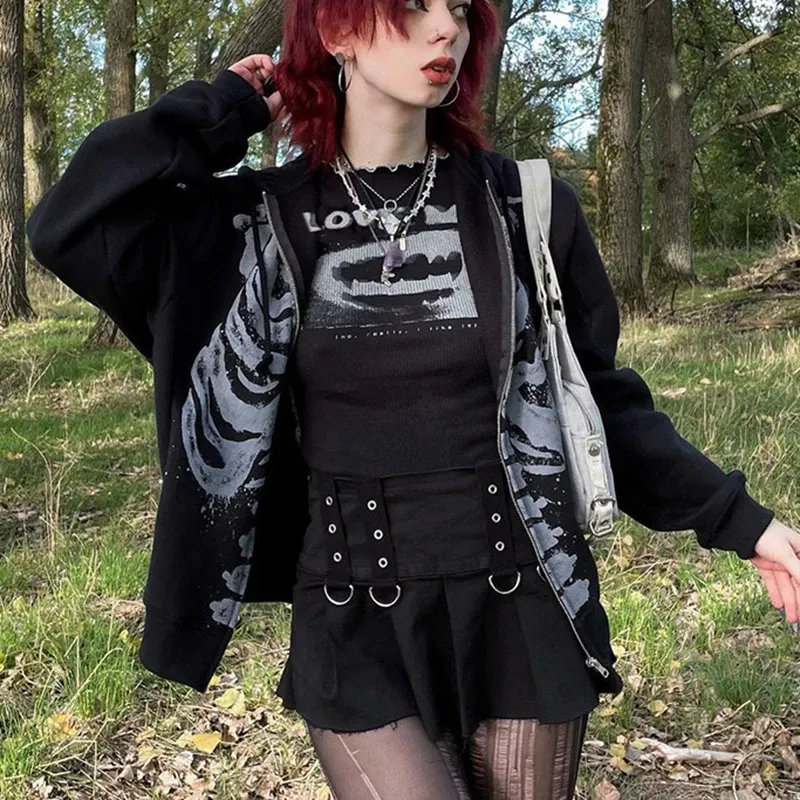 Polos e Girl Dark Academia Gothic Black Sweatshirt Skeleton Zip Up Hoodie Jacket Y2K Aesthetics Grunge Mall Goth Autumn Coats Outwear