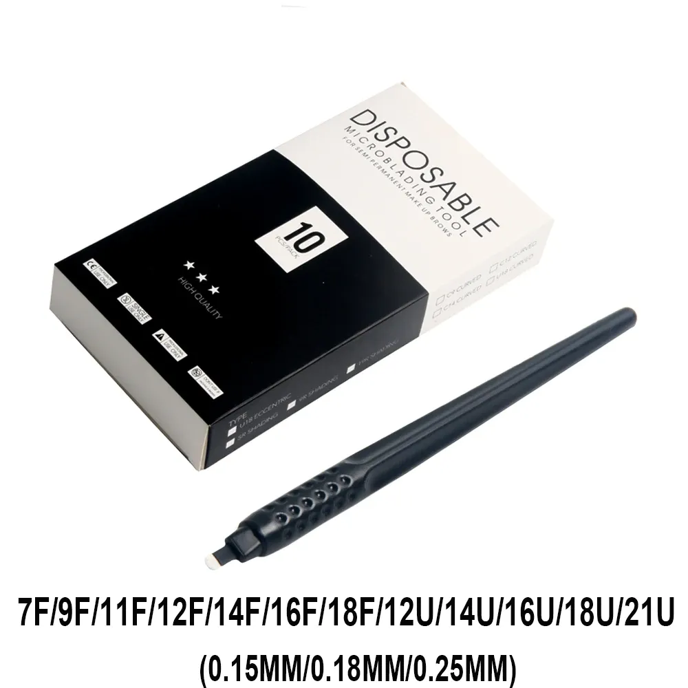 Vapen 10st/låda Permanent Makeup Eyebrow Black Disposable Microblading Pens 18U 0,15/0,18 mm Microblade broderade nålar Handverktyg