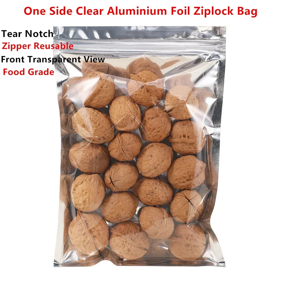 Väskor 100st en sida transparent aluminiumfolie zip lås påsar mat klass / blixtlås återförsäkra siery mylarfoil påse mellanmål presentförpackning