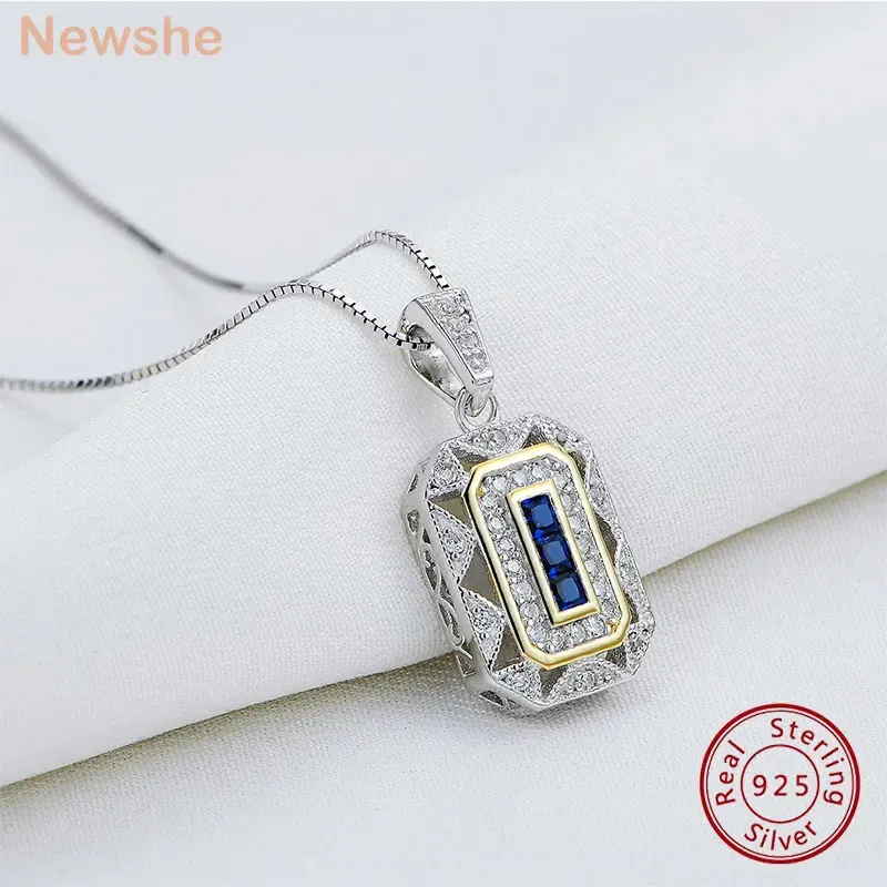 Kettingen Newshe White 5a kubieke zirkoonblauwe spinel 925 Sterling zilveren hanger ketting worden geleverd met 18 inch kettingcadeau sieraden voor vrouwen