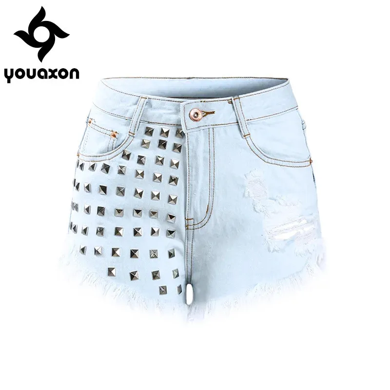 1805 Youaxon Women Fashion Sexy High Taille Metal Rivets Studded gescheurde Denim Short Shorts For Woman 240418