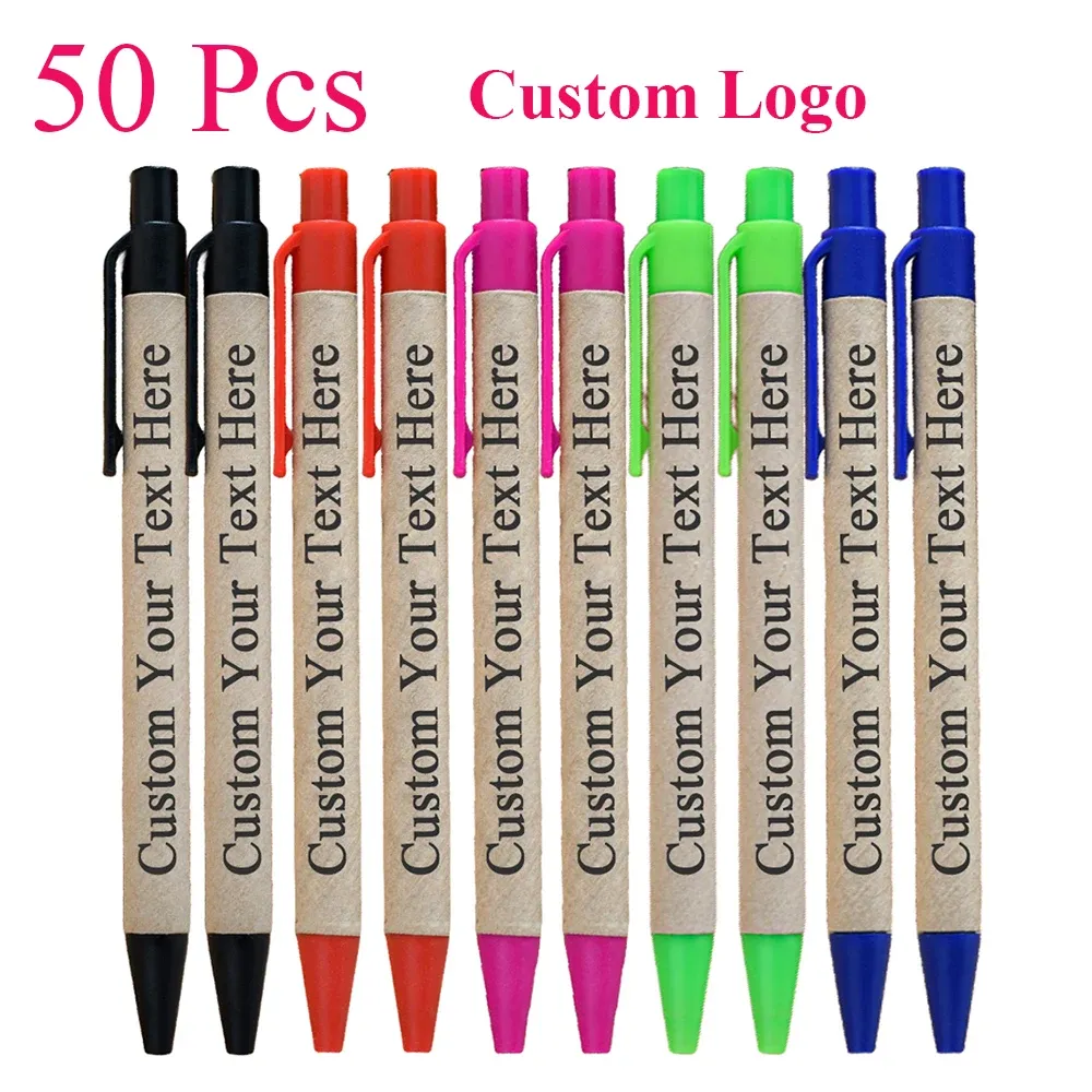 Pennor 50 datorer Eco Paper Ballpoint Pen Custom Logo Black Ink Ball Pennor Personlig graveringsnamn Present PENT FÖR BUSINESSKOLA MATTERINGAR