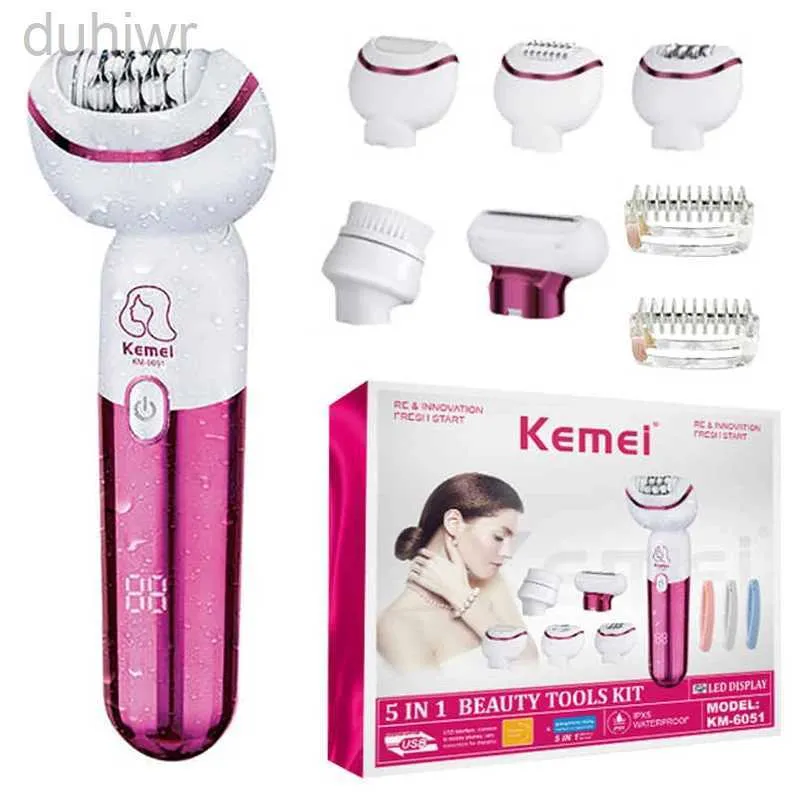 Epilator Kemei 5in1 Epilator Kvinnor Uppladdningsbar Lady Shaver Wet Dry Electric Hair Removal Bikini Trimmer för FaceBodyLegs D240424