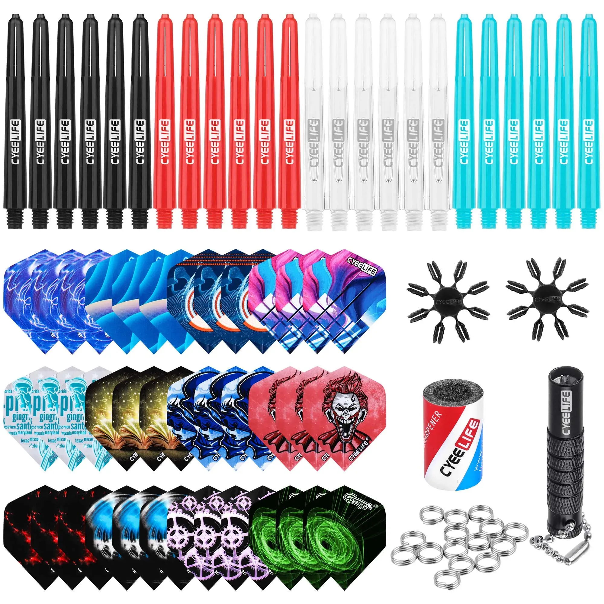 Darts CyeeLife Dart Accessories Kit,24 PVC Shafts+36 Flights+50 Metal O Rings+Remover Tool+16 Plastic Protectors