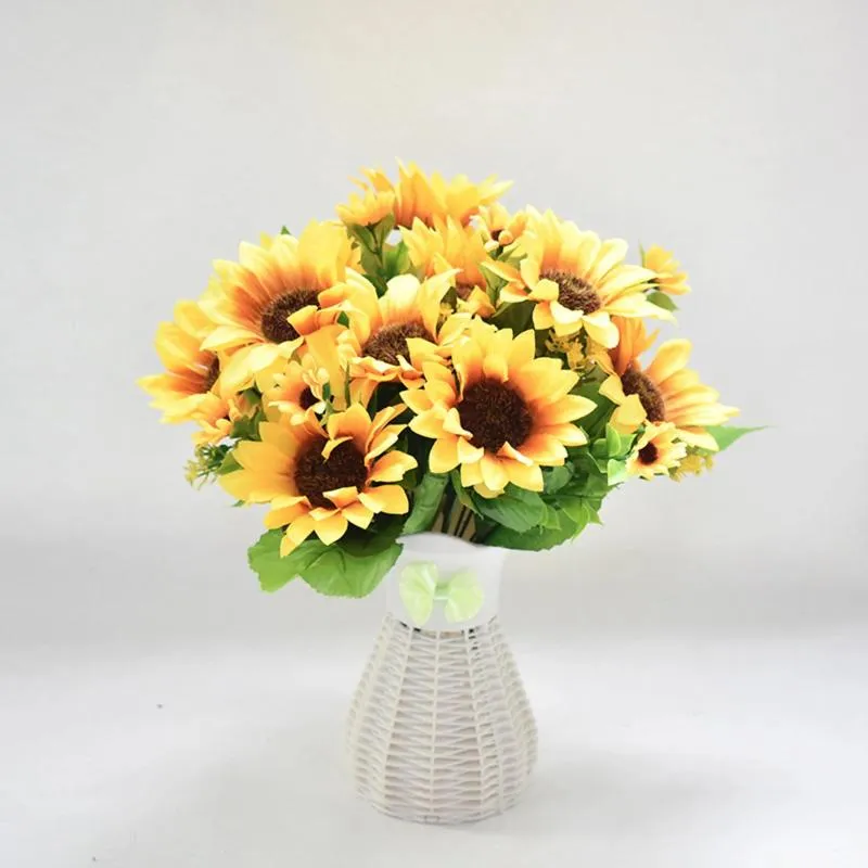 Decoratieve bloemen 4 trossen kunstmatige zonnebloemen boeketten zijden decor met stengels gele faux zon gedroogde pompoen