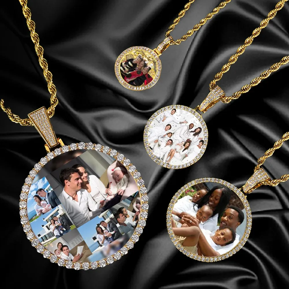 Hip Hop Jewelry Bling CZ Memorial Picture Frames Collana Personalizzazione PO Custom 26354568,5 mm Medaglioni Circle a ciondolo 240414