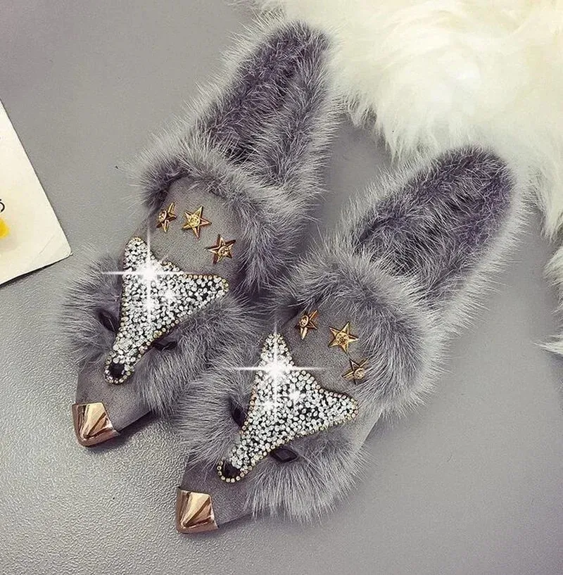 Crystal Fox Pattern Winter Flat Loafers Women Metal Pointed Toe Glitter Fur Moccasins Brand Design Ballet Flats Ladies Shoes 240412