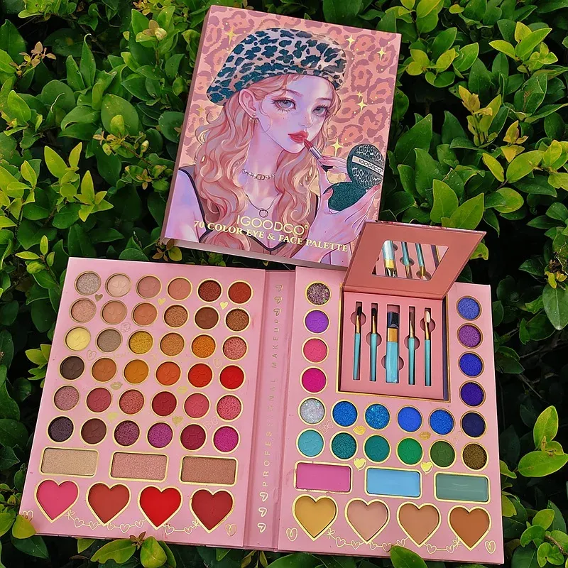 Palette de fards à paupières mate d'ombre 70 couleurs avec miroir bouffant bâton brosse paillette à paupières blush pigment maquillage professionnel pour le visage