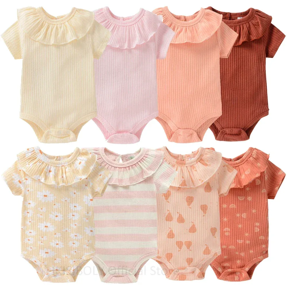 Één-stuks babymeisjes nieuwe rompers zomer korte mouw bodysuits 0312m pasgeboren peuters katoenen ruches playsuits overall onesie outfits