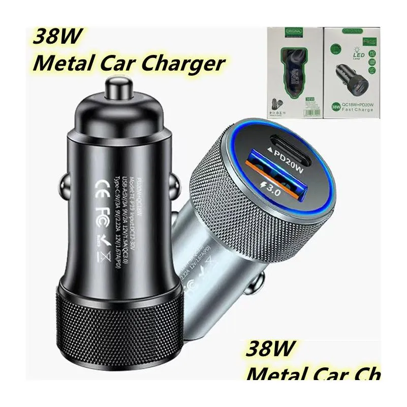 Cell Phone Chargers New 38W Metal Car Charger Usb Qc 3.0 18W And Pd 20W Dual Line Simtaneous Super Fast Charging For Huawei Smartphone Dh0K5