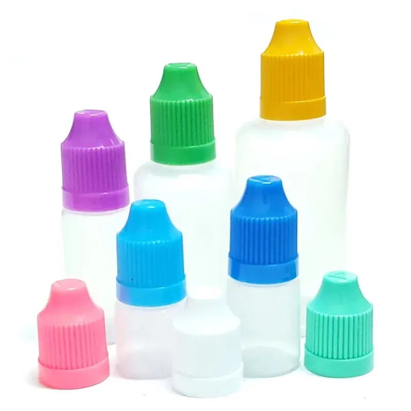 Şişeler 100pcs Boş plastik damlalık şişesi 3ml 5ml 10ml 20ml 30ml 50ml 60ml 100ml 120ml pe göz damlası uzun ucu ile şişe