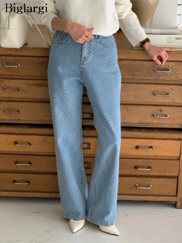 Kvinnors jeans polka dot tryck lång vår sommarbyxa kvinnor förlorar koreanska stil damer byxor mode casual woman raka byxor