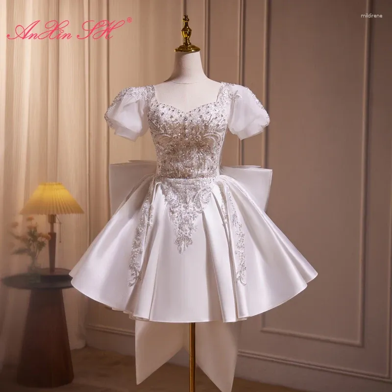 Robes de fête anxin sh princesse chérie satin blanc et dentelle perles de cristal perles gros arc