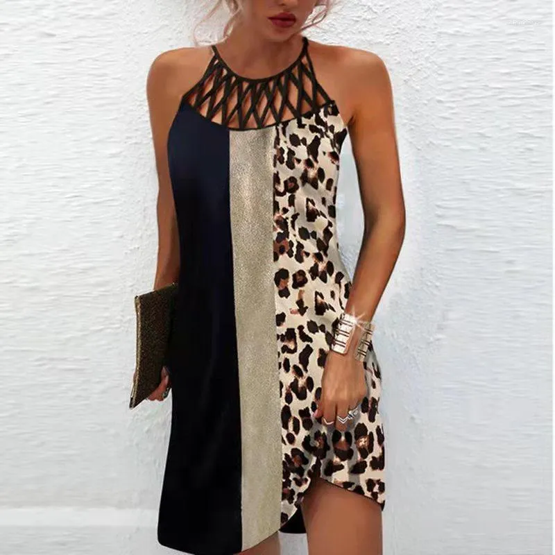 Vestidos casuais vestido halter de estampa de leopardo feminino