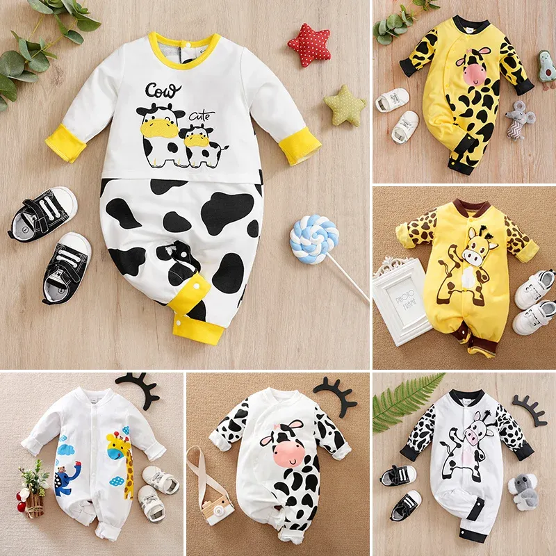 One-pièces nouveau-nés bébé robeper coton confort à manches longues unisexes bodys de bébé mignon style animal de vache 02 ans bebe boy girl vêtements