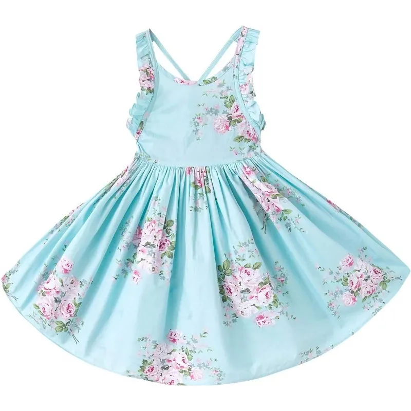 Toddler Vintage Floral Girls Dress Baby Backless Sundress Sleeveless Matching Outfits