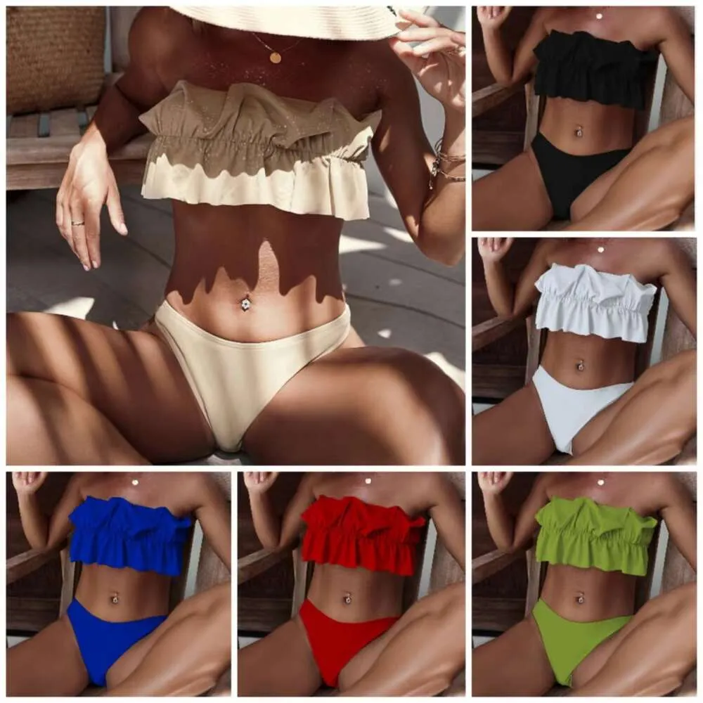 Nieuw stijl zwempak met gegolfde rand, strapless hete veer, sexy zwempak, bikini dames split body, nieuwe solide kleur