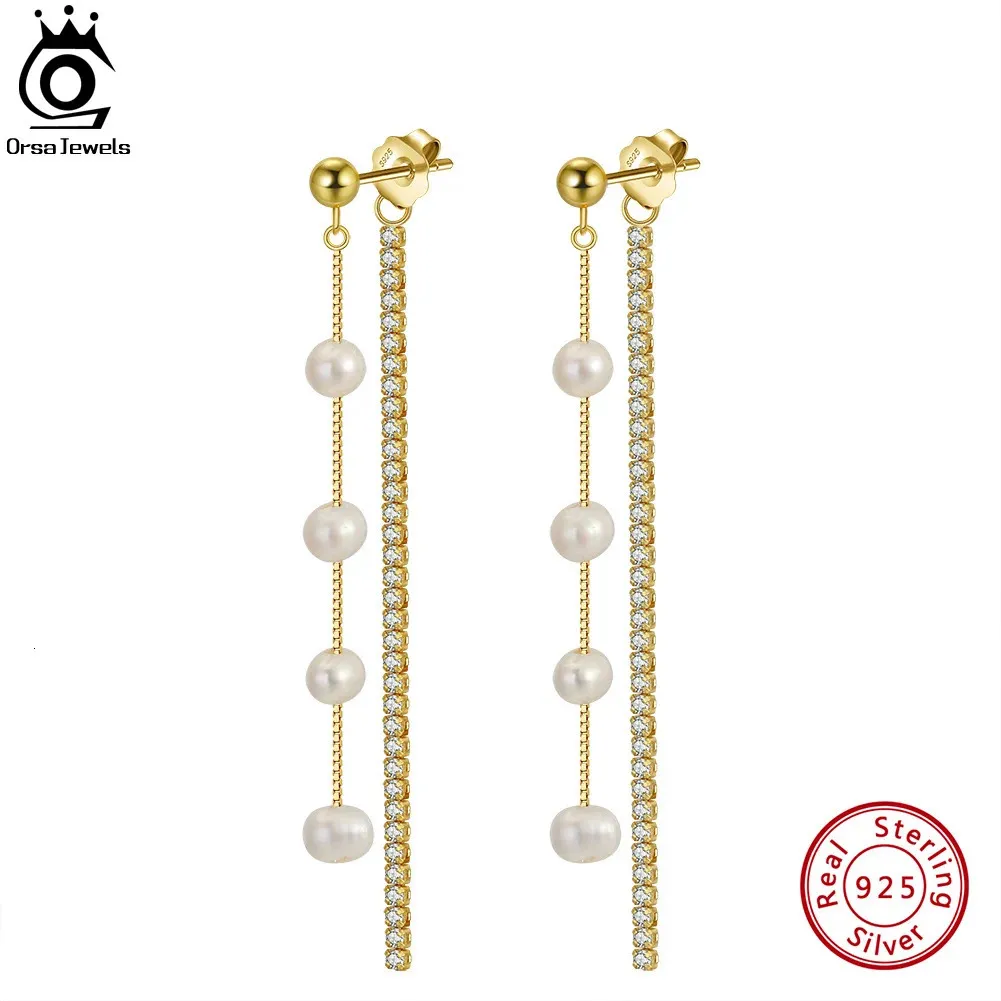 ORSA JEWELS 925 Sterling Silver Pearl Dangle Earrings Chain for Women Teen Elegant Long Tassel Jewelry GPE22 240422