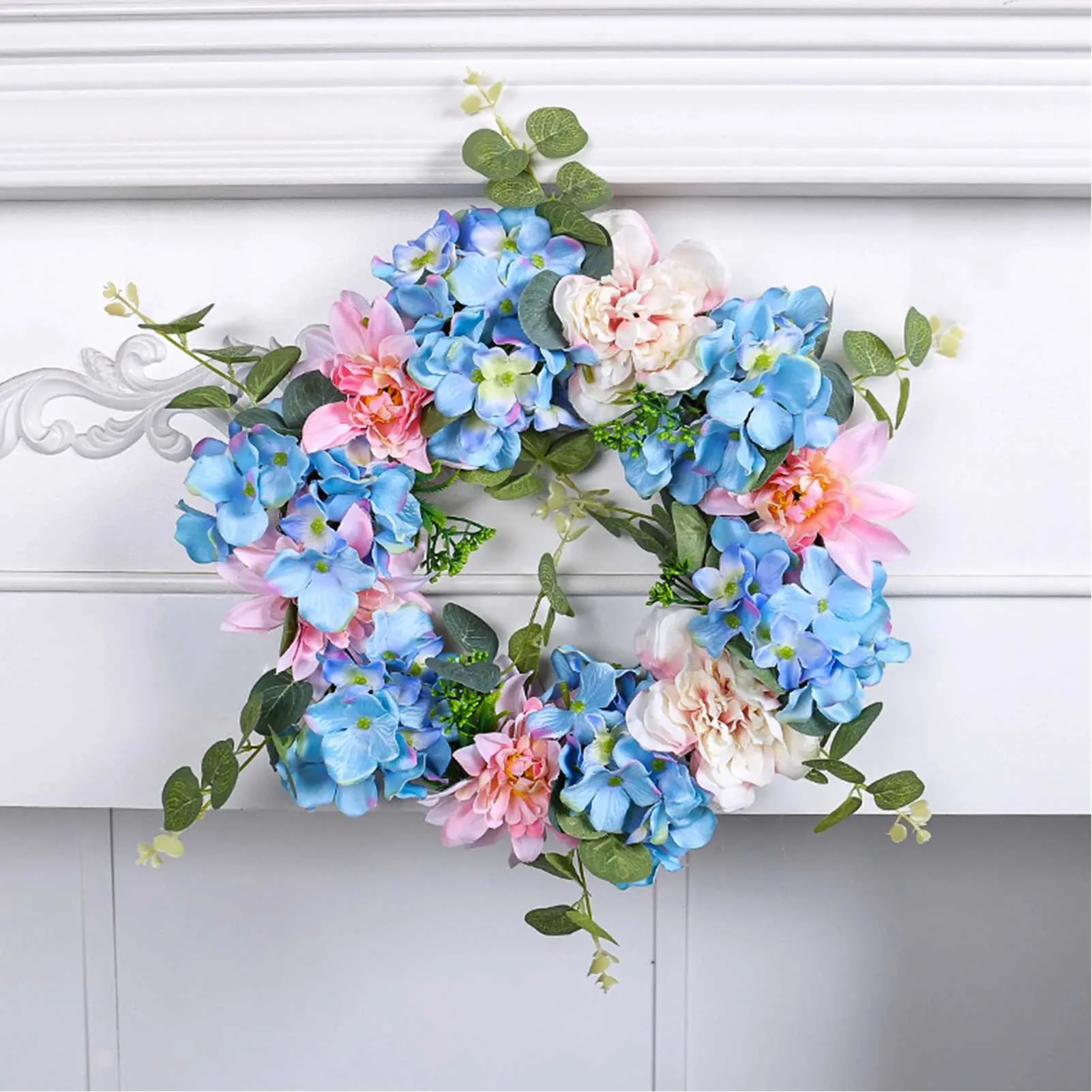 Faux floral verdure de 30 cm Rose bleu blanc Bonne de fleurs brodées 2024 Spring Wedding Party Pâques Décoration du mur artificiel Anneau T240422