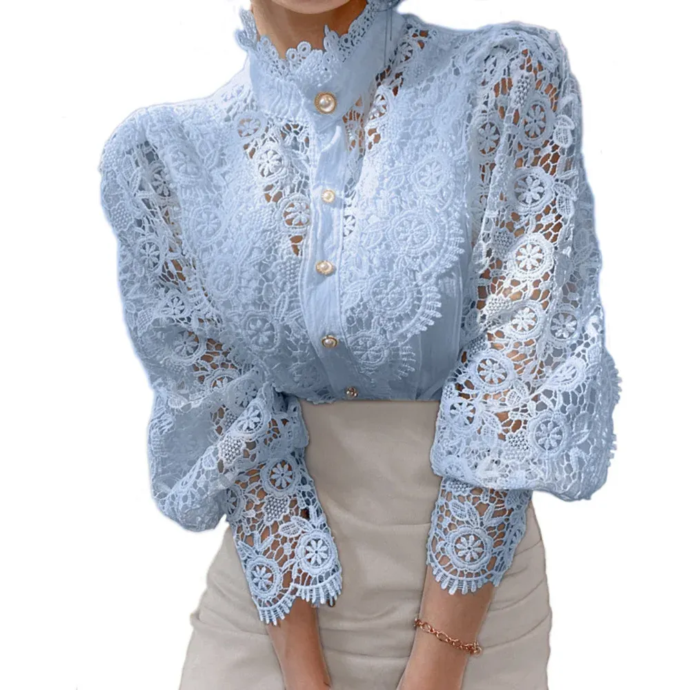 Chemise Femmes Stand Collar Lace Patchwork Shirts Casual Hollow Out Flower Petal Sleeve Buttonw Tops Solid Shirts White For Women Blue