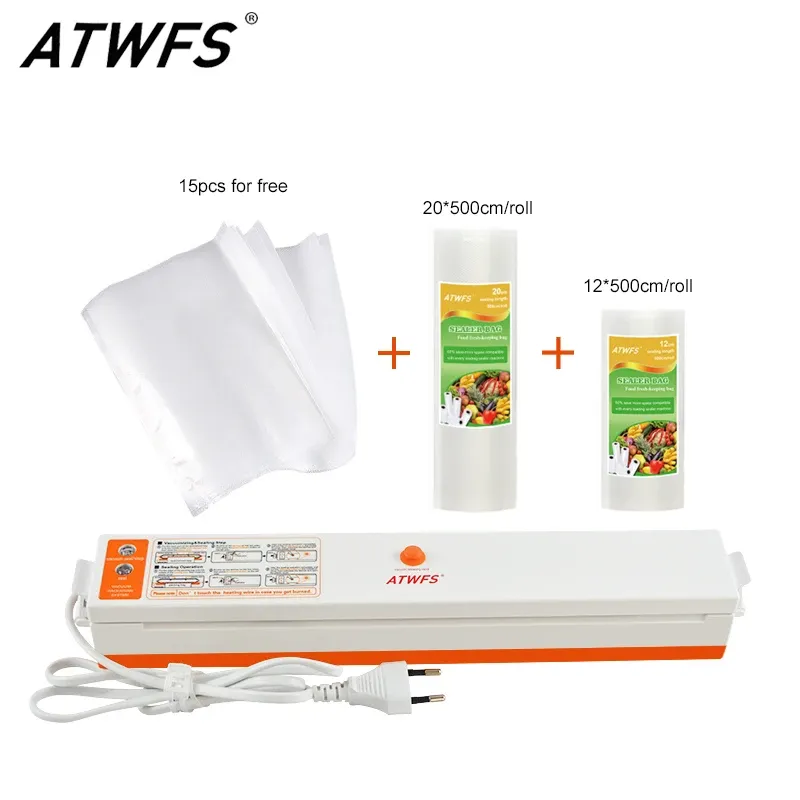 Tätare ATWFS Food Vacuum Sealer Packing tätningsmaskin inklusive 15st påsar och vakuumpåseförpackningsrullar 20cmx500cm+12cmx500cm