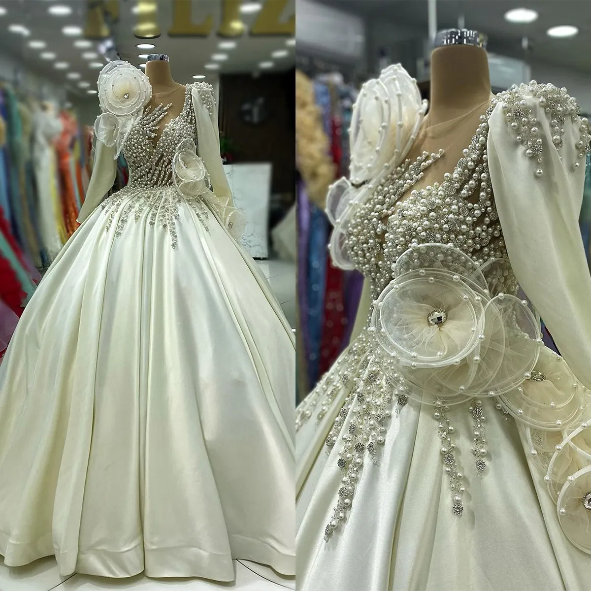 Luxury Ball Gown Wedding Dresses Pear Flower Applique Diamond Bridal Gown Dubai Arabic Dress Vestido De Novia Sweep Train