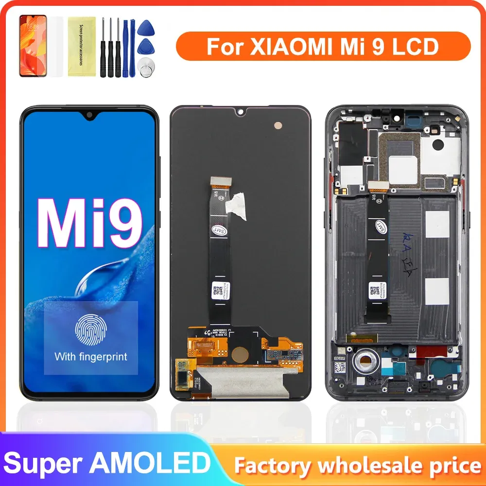 Skärmar Super AMOLED Display för Xiaomi Mi 9 LCD Display Touch Screen Digitizer Assembly med ram för Xiaomi Mi 9 MI9 LCD -skärm