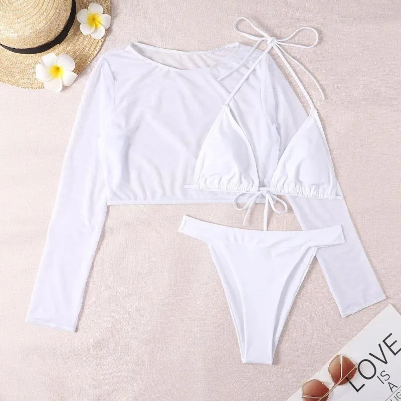 Women's Swimwear 3 Pieces Bikini Sets & Long Sleeve Top 2024 Women Swimsuit Thong Female White Bathing Swimming Swim Suit Beachwear Neon