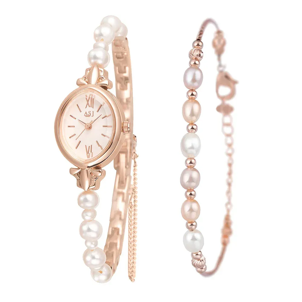 Strands Mulheres assistem pulseira de miçangas para meninas Luxury Pearl Bead Bracelet Clock